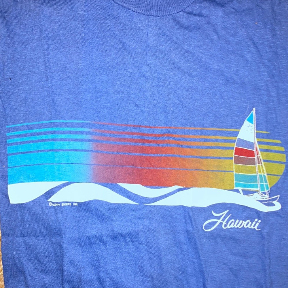🌋🌺 Vintage Hawaii 1970s / 1980s Like New Crisp Size L Blue Graphic Tee 🗿🏝